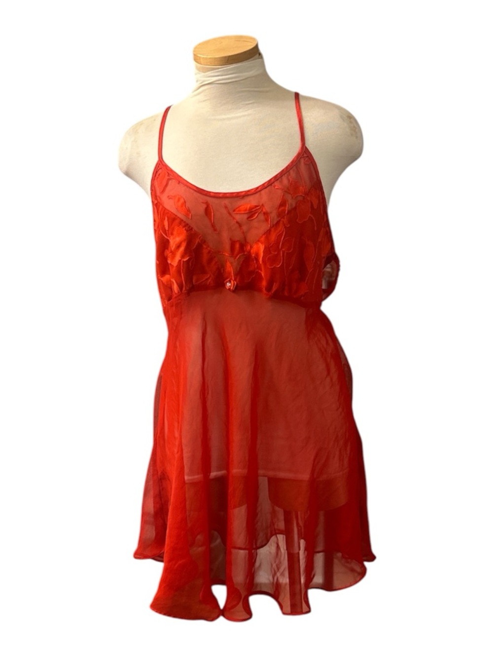 Delicate Vibrant Red Sheer Slip with Embroidered Bodice Size XL